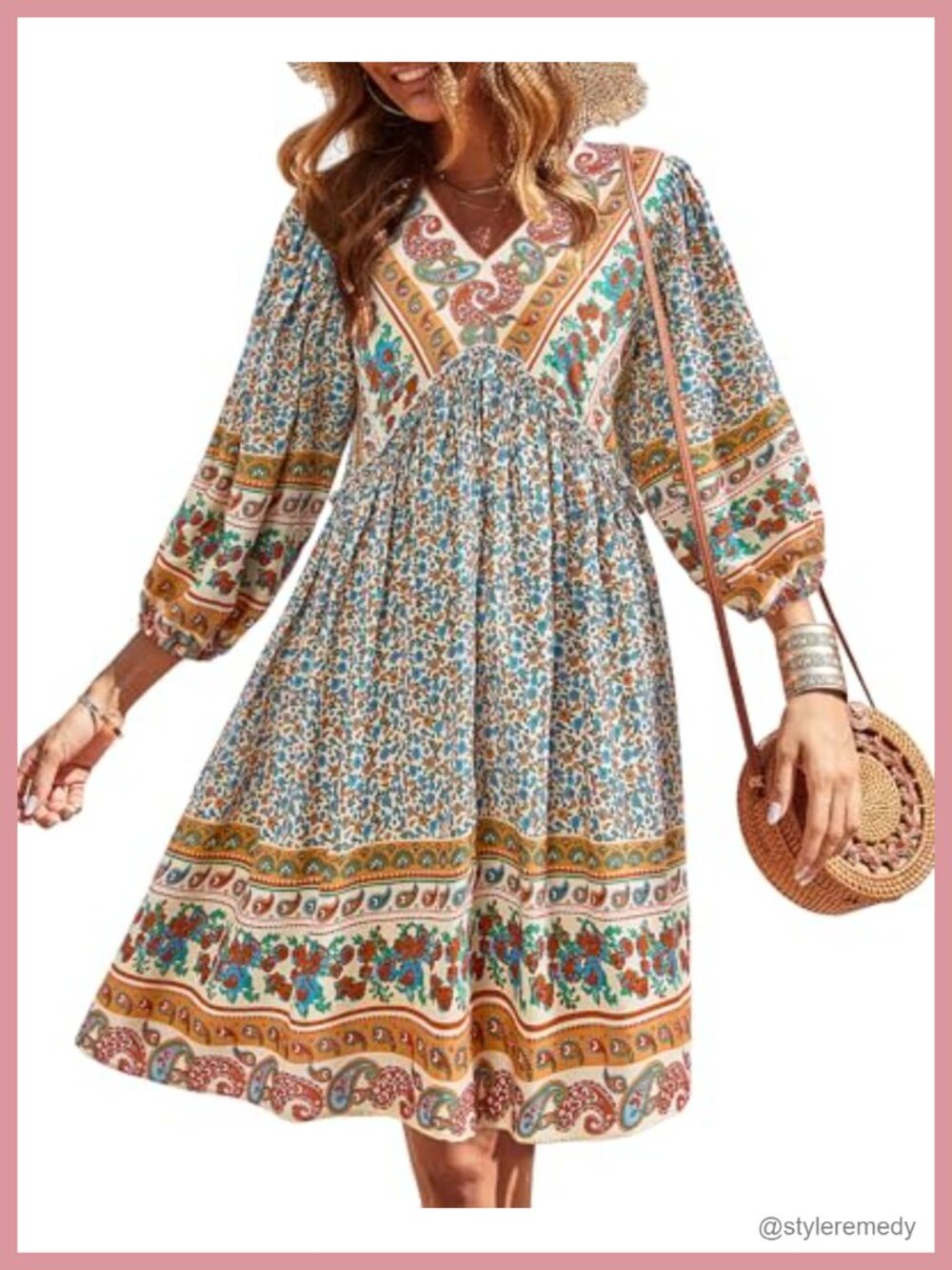 Women's Floral V-Neck 3/4 Sleeve Mini Dress Ruffle A-Line